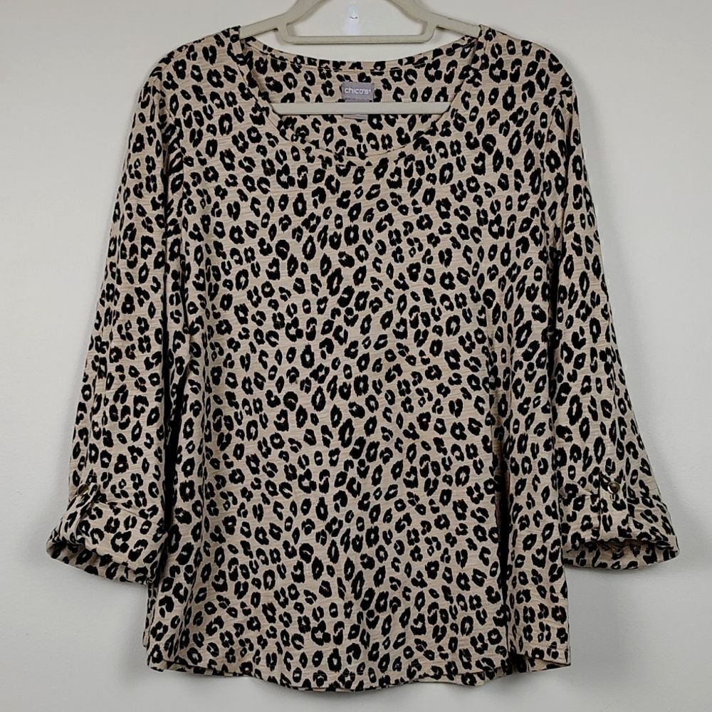 Chico's Leopard Print Bracelet Sleeve Tab Top Blouse Cotton Modal Blend Size L